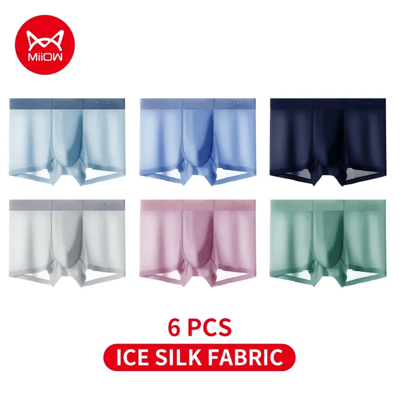MiiOW 6Pcs Silky Ice Silk Men's Boxershorts Graphene Antibacterial Crotch Mens Underpants Breathable Man Underwear Panties Boxer