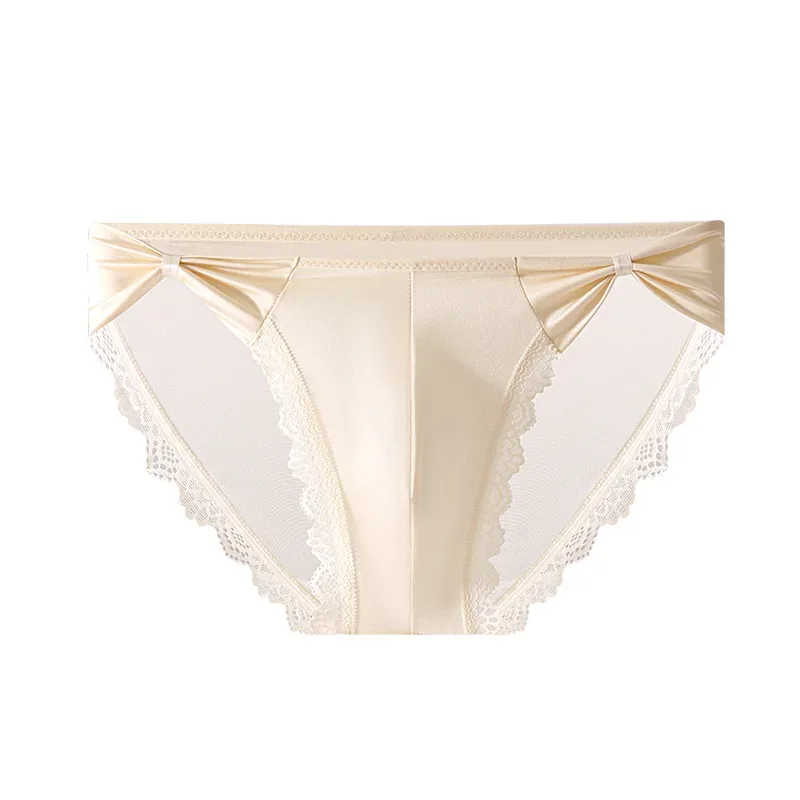 Men's Underwear High Fork Bow-Tie Lace Briefs U Convex Pouch Lingerie Underpants Ultra-Thin Ice Silk French Mesh Panties