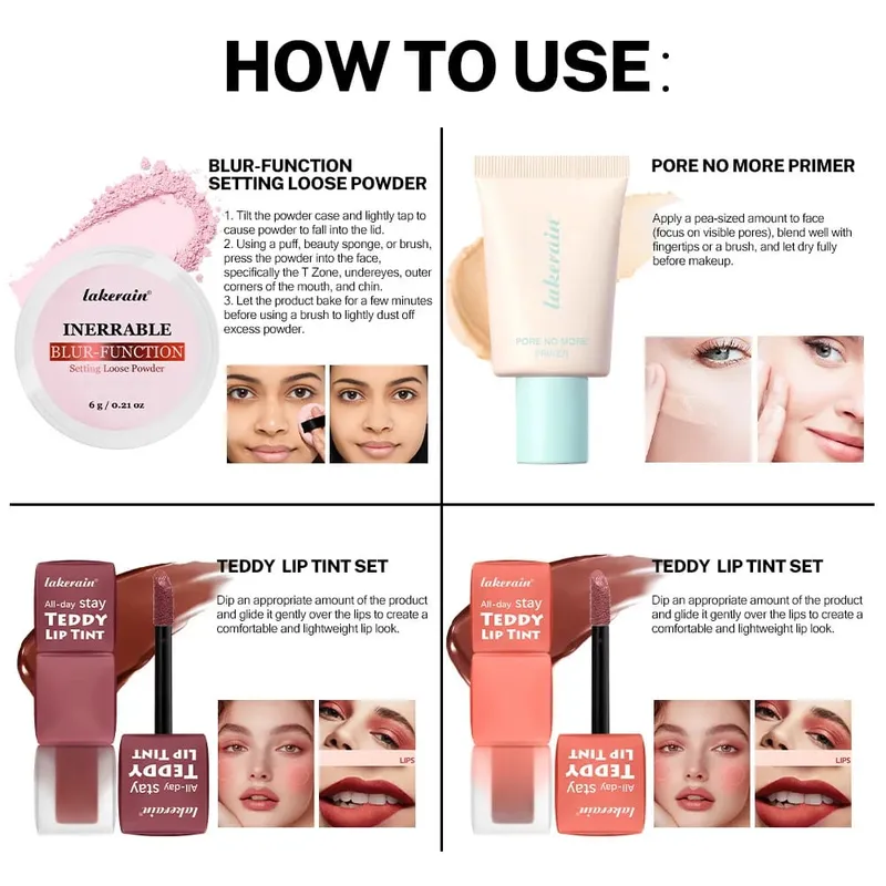 4 τμχ/σετ Pore No More Primer + Lip Tint + Loose Setting Powder Σετ μακιγιάζ Ματ μακράς διαρκείας αδιάβροχο εφέ Ταξιδιωτικό φορητό — image 6