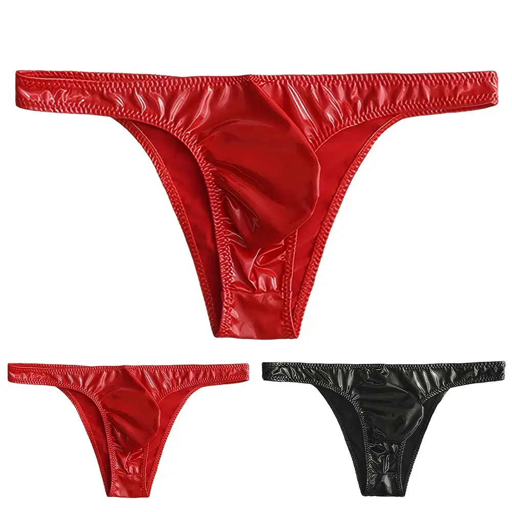 1pc Men Glossy Faux Leather Briefs Bulge Pouch Wide Waist Low Rise Underwear Erotic Lingerie Half-exposed Butt Gay Sissy Briefs