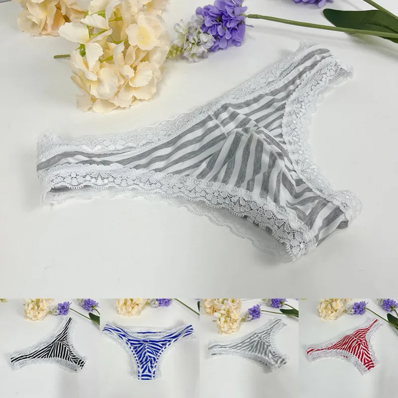 Men Lace Trim Striped G-string Underwear Half-covered Butt Low-rise Pantie Thong Half Hip Men Briefs Mens Sexy Underwear — image 7