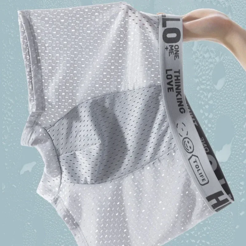 6 Stück Mesh-Boxshorts aus Eisseide für Herrenunterwäsche, atmungsaktiv, sexy, schmale Passform und nahtlose, flache Ecken, große Größe — image 4