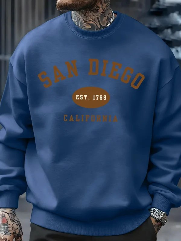 San Diego California Letter Printed Men Pullover Sweatshirts Soft Fleece Sweatshirt Crewneck Casual Clothes Oversized Streetwear
