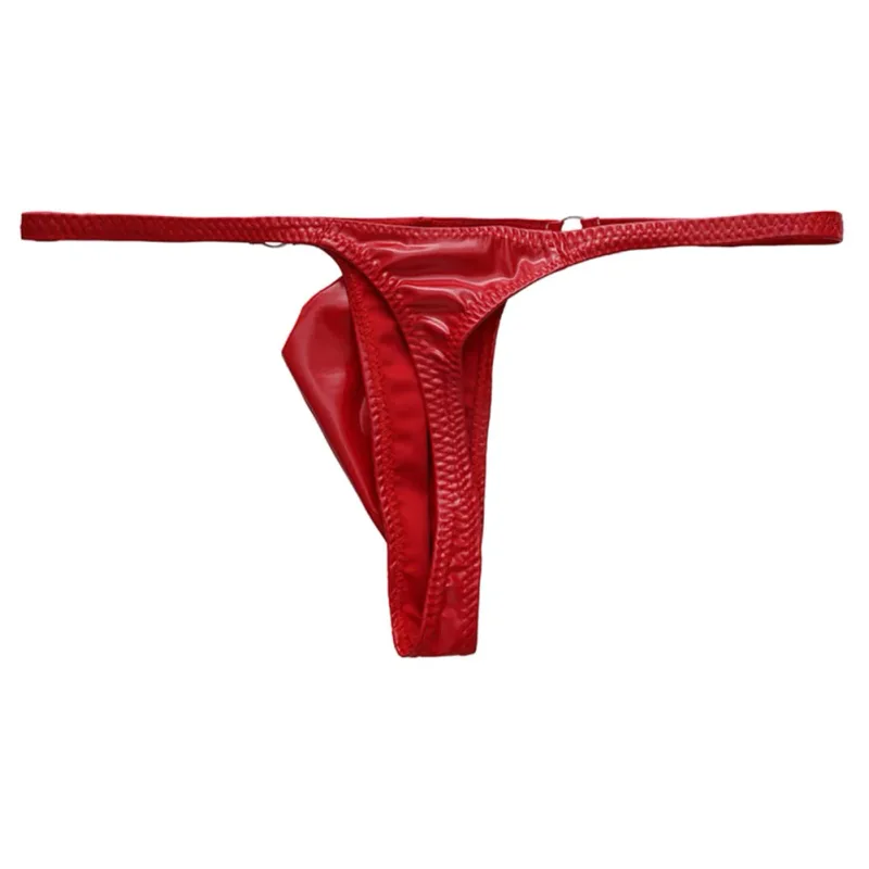 1st män glänsande läder midja med metallring G-strängar stringtrosor Gay Bulge påse Låg midja Stretchiga underkläder Rumpexponerande Sexig — image 1