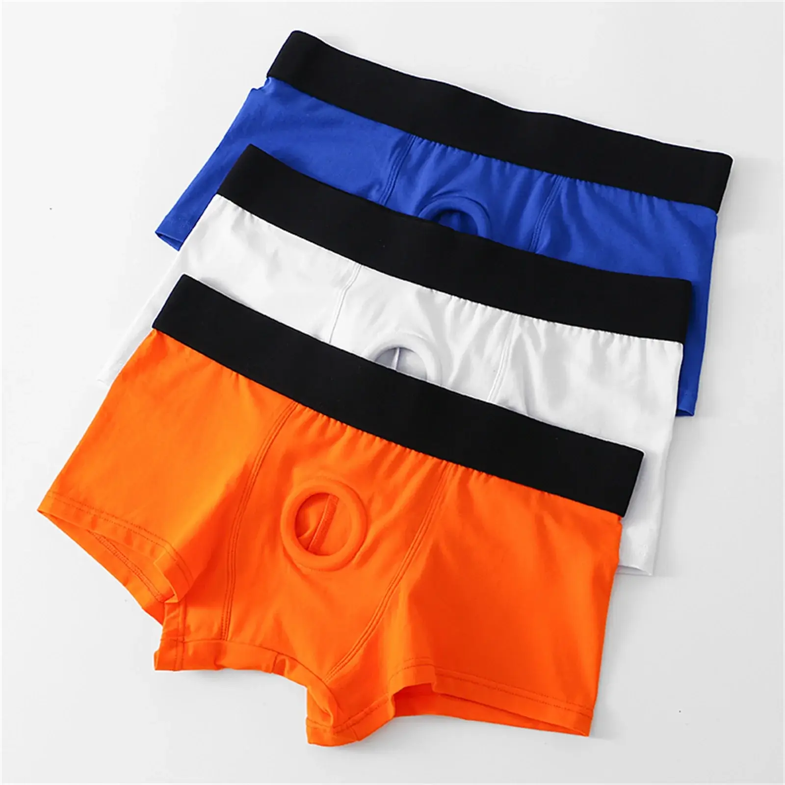 Men's Boxers Front Hole Pouch Underwear Silicone Cockring Sexy Boxershorts Wide Waistband Cotton Underpants Hollow Out Lingerie