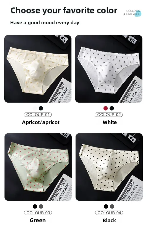 Male Seamless Ice Silk Briefs Cute Heart Bowknot Print 3D Molded Pouch Low Rise Soft Breathable Men Underpants — image 14