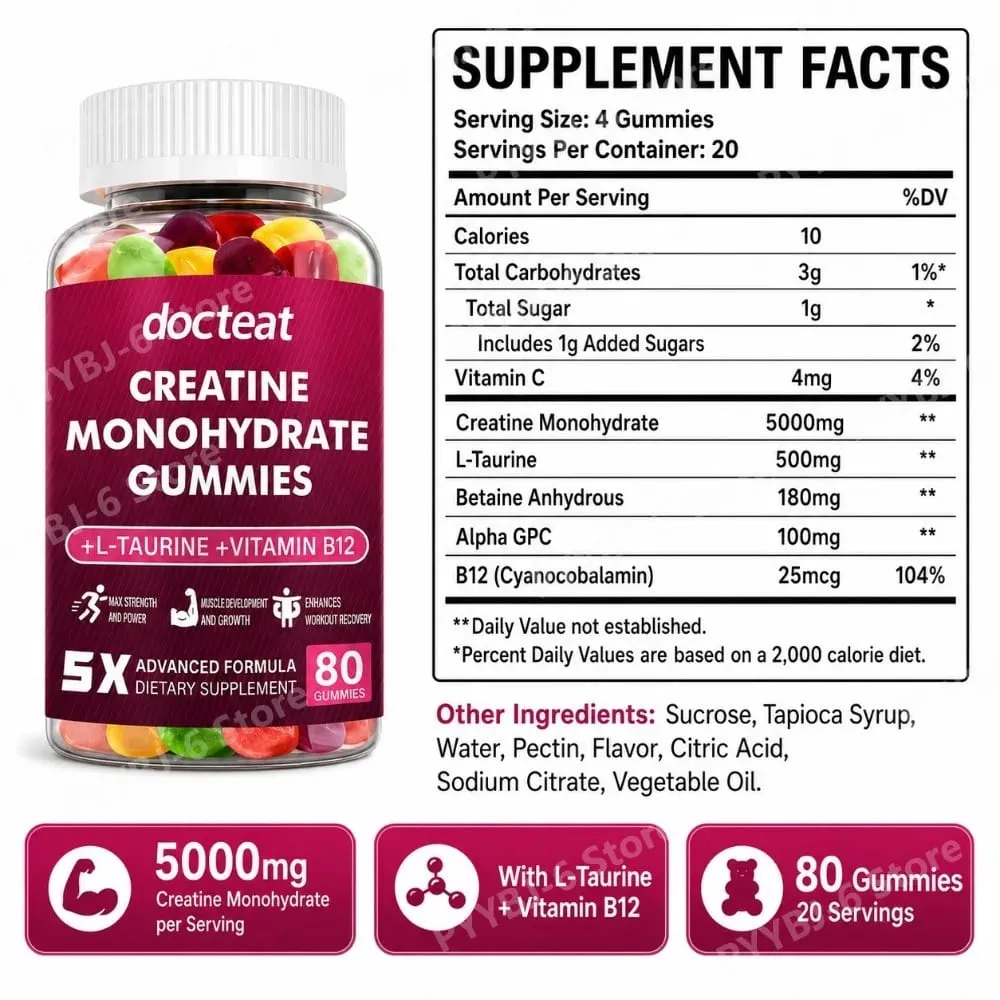 Creatine Monohydrate Gummies 80 Count with Taurine Vitamin B12 Chewable Sports Nutrition Supplement for Muscle & Energy Support — image 3