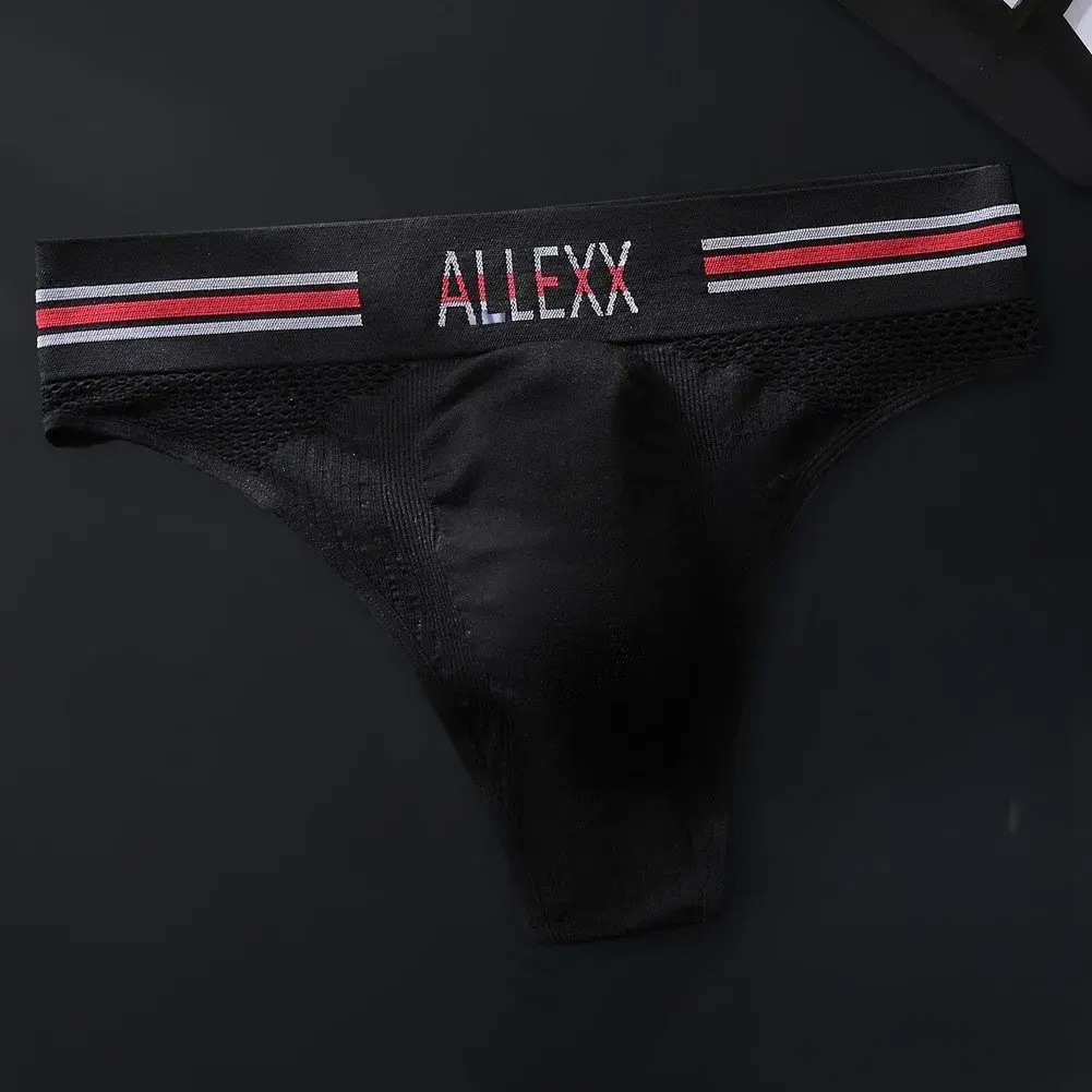 1pc Men's G-String Underwear 3D Bulge Pouch Striped Letter Printing Briefs Elastic Mesh Breathable Comfortable Thongs — image 9