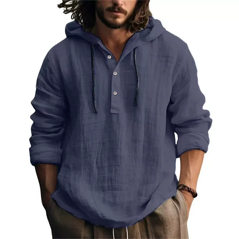 2025 nova blusa casual masculina camisa de linho de algodão solto topos manga longa camiseta primavera outono casual camisas masculinas com capuz — image 2