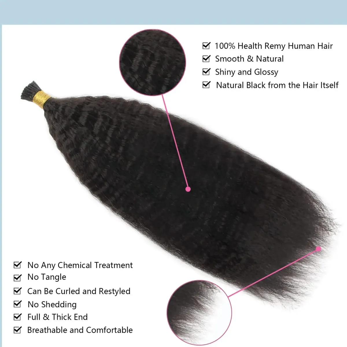 I Tip Extensions Μαλλιών Kinky Straight Human Hair #1B Pre Bonded Remy Micro Links Human Hair Extensions Natural Black 1g/Strand — image 3