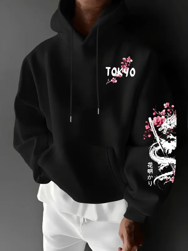 Novo anime masculino dragão flor de cerejeira impresso moletom com capuz inverno velo quente casual rua conforto inspirado design hoodie — image 3