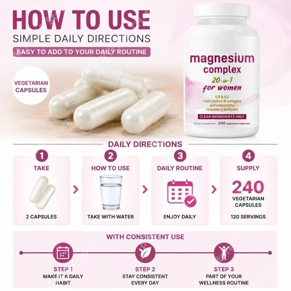 Magnesium Complex for Women Capsules with D3 K2 B12 Biotin & Ashwagandha for Energy Calm & Wellness Support 240 Capsules — image 5