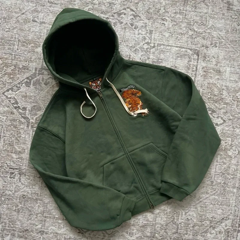 Dark Brown Full Zip Hoodie Double Men Wolf Embroidery Drawstring Pocket Oversized Y2K Grunge Vintage Street Zip Up Sweat Jackets — image 12