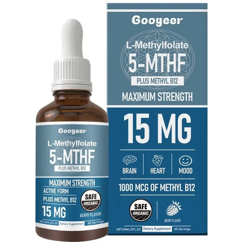 Googeer L-metilfolát 5-MTHF folyékony cseppek metil-B12-vel 15mg 1000mcg Maximális erősségű szív-agy hangulattámogatás 60ml — image 8