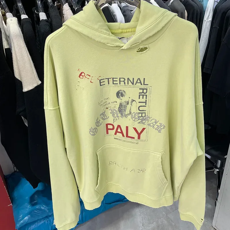Hoodies PALY Bersaiz Besar Baru Lelaki Wanita Dicuci Hitam Rosak Kualiti Terbaik Kasual Vintage Cardigan Zip Sweatshirt