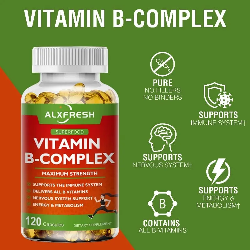 B-Complex Vitamin Supplements (B12 B1 B2 B3 B5 B6 B9 Folic Acid &Biotin) for Relieve Stress Mood Immune System Support Capsule