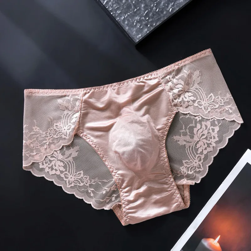 Cuecas masculinas de renda sem costura cuecas de seda gelada 3D bolsa com protuberância calcinha gay de cintura baixa — image 12