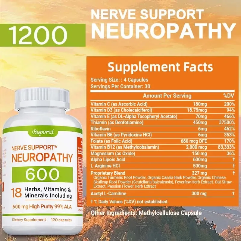 Neuropathy Support Supplement 600mg - Antioxidant Reduces Stress Promotes Nerve Health Cellular Energy Metabolism Non-GMO
