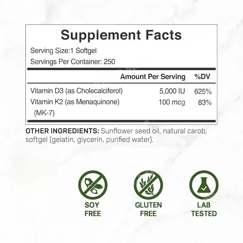 Vitamin D3 + K2 MK7 Softgels 250 Count 2-in-1 Complex Non-GMO Soy-Free Gluten-Free Bone Health Support Immune System Booster