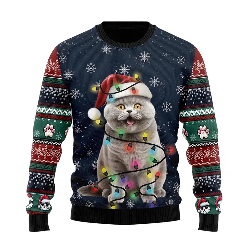 2025 Funny Cat Pattern Ugly Christmas Sweater For Men Fashion Autumn Crewneck 3D Printed Sweatshirt Loose Streetwear Pullovers
