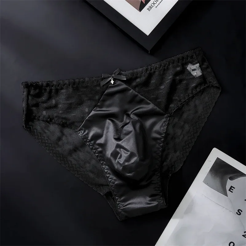 Sexy men's underwear Mesh lace cueca satin splicing sissy cuecas masculino naked feel calzoncillos hombre adults 18 plus size — image 4