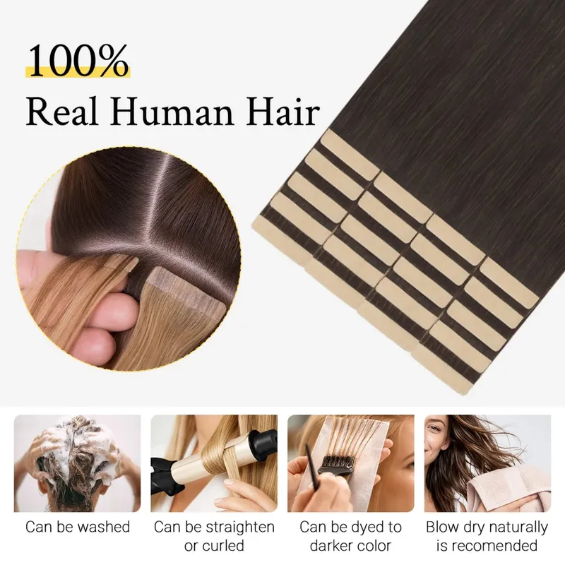 Sunmofavo Tape In Remy Human Hair Extensions Παχιά μεταξένια ίσια φυσική καφέ αόρατη ταινία 20 τμχ. — image 2