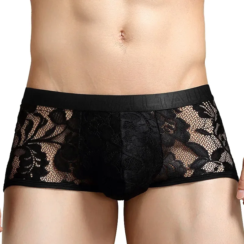 Cuecas boxers masculinas Tawell elegantes e sexy de renda em U com bolso convexo e cuecas planas