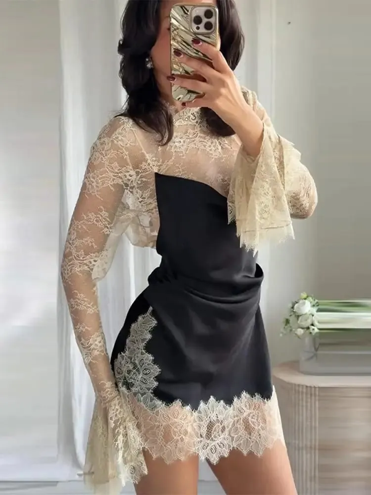 Elegáns szatén virágos csipke patchwork mini ruha nőknek, szabálytalan szegélyű, hosszú ujjú női ruhák, 2026-os elegáns esti parti Vestidos — image 3