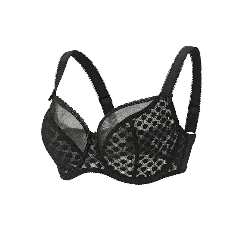 Női Curvy Plus Size Pöttyös hálós csipke melltartó bugyi szett Underwire Support Full Figur nagy kupa E F G H I Légáteresztő fehérnemű 2db