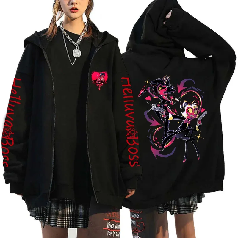 Helluva Boss Cartoon Printed Zipper Hoodies Harajuku Gothic Y2k Zip Up Hoodie Men Clothing Long Sleeve Fleece Casual Streetwear