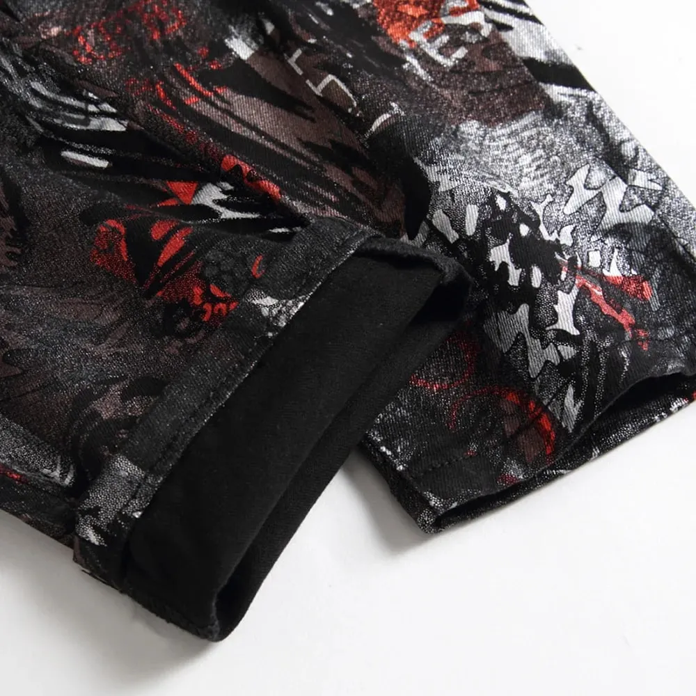 Men Coated Denim Jeans Fashion Shinny Leopard Abstract Pattern Printed Pants Slim Tapered Trousers — image 5