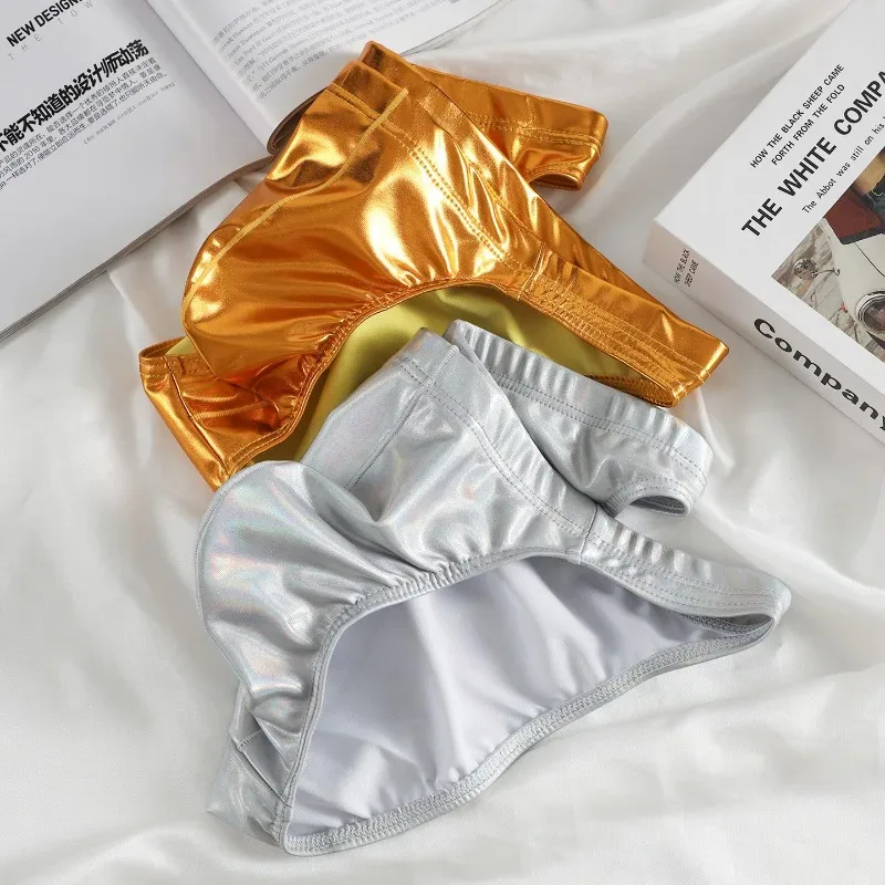Metallic Shiny Briefs Men Low Rise High Stretch Slim Panties Laser Silver Gold U Convex Underpant Night Club Performance Knicker — image 4