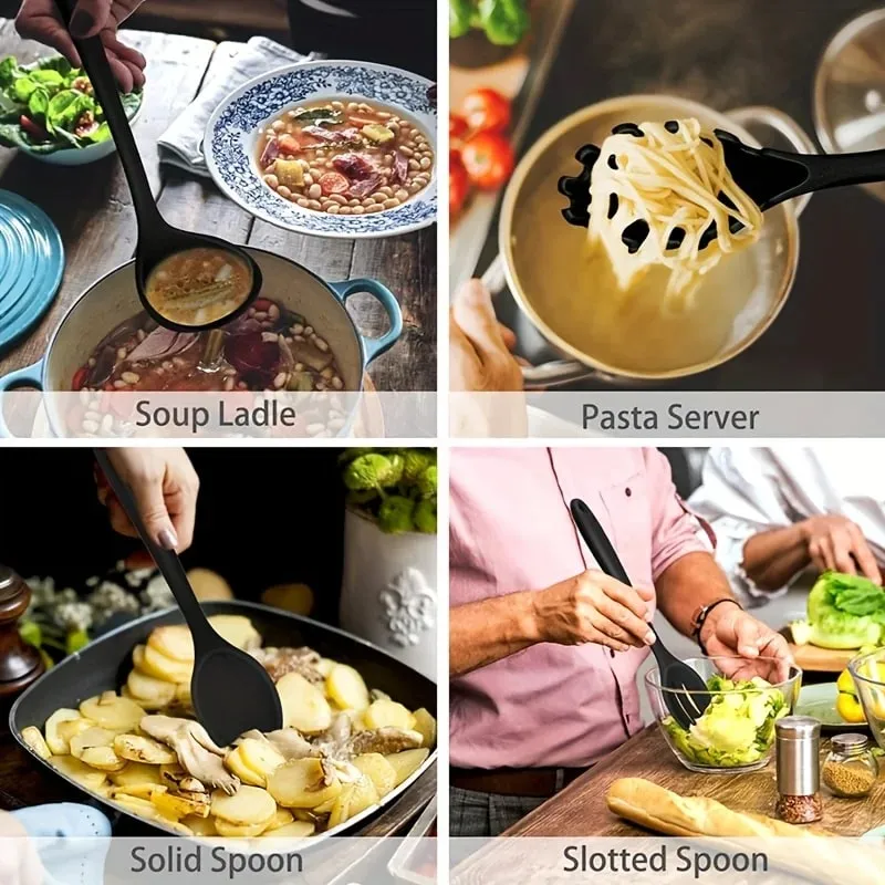 1 /7 részes szilikon konyhai edénykészlet - tapadásmentes, spatula kanál szkimmer tésztacsipesz és egyebek főzéshez és sütéshez — image 4