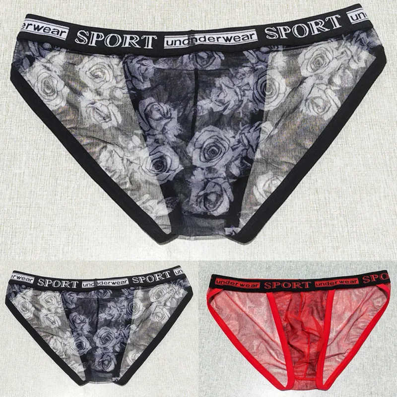 1pc Men Rose Printed Briefs High Fork Perspective Underwear Sexy Mesh Sheer Panties Breathable Comfortable Underpants