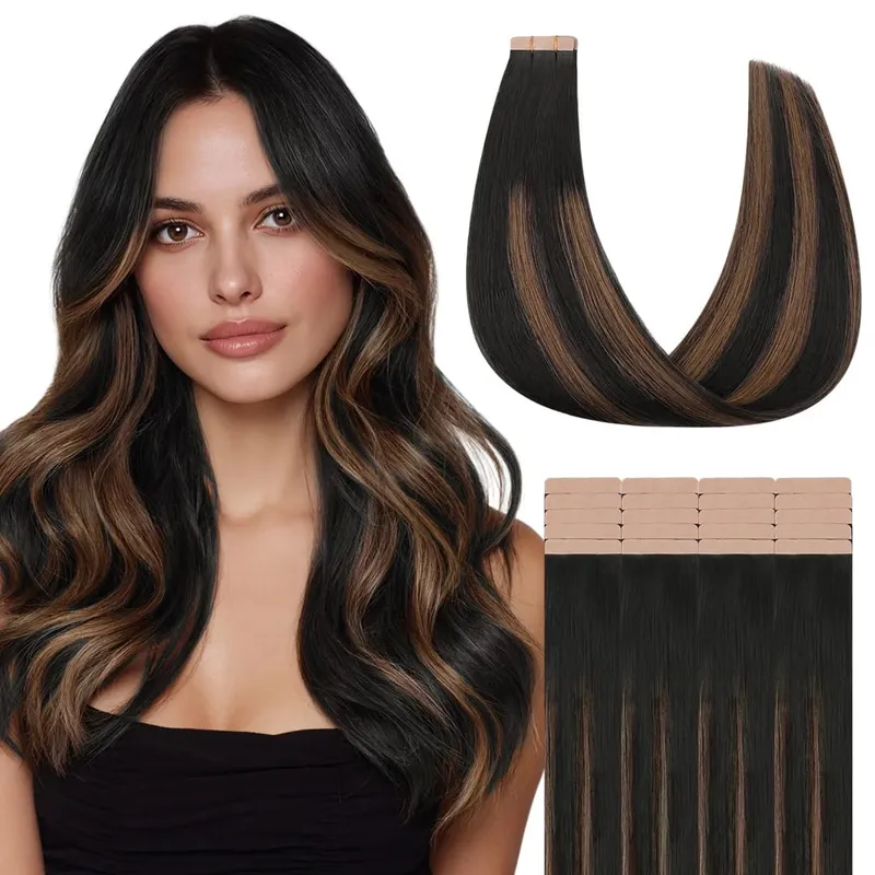 Sunmofavo Tape In Remy Human Hair Extensions Παχιά μεταξένια ίσια φυσική καφέ αόρατη ταινία 20 τμχ. — image 16