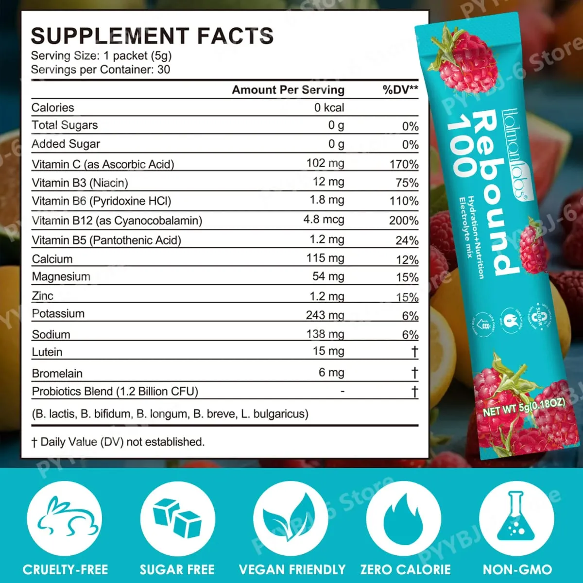 HolmanLabs Rebound 100 elektrolit-kiegészítő por, cukormentes hidratálás, béllátás, izom egészsége C-vitamin B6 B12 30 csomag — image 5