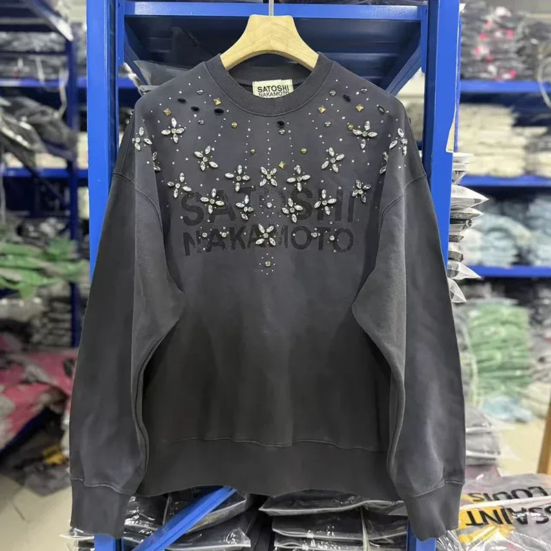 Letters Logo Rhinestone Rivet Satoshi Nakamoto Sweatshirts Men Women Streetwear Vintage Washed Charcoal Gray Green Pullovers Tag