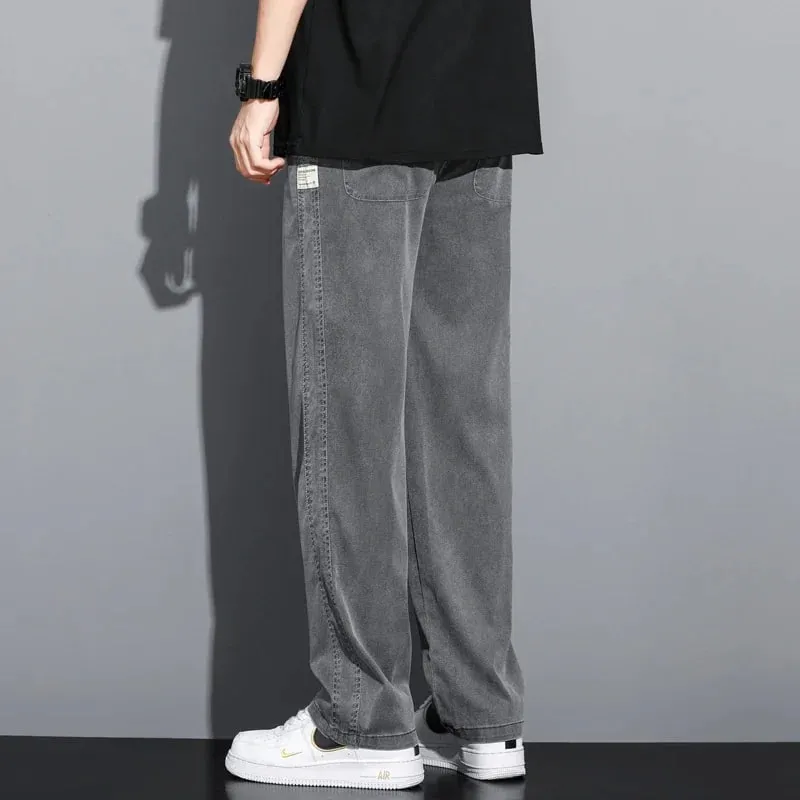 S-5XL 6Style Men's Loose Jeans Summer Soft Lyocell Thin Fabric Straight Pants Drawstring Elastic Waist Korea Casual Trousers Y2K