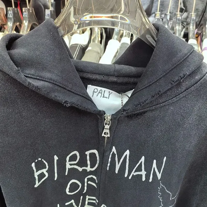 Hoodies PALY Bersaiz Besar Baru Lelaki Wanita Dicuci Hitam Rosak Kualiti Terbaik Kasual Vintage Cardigan Zip Sweatshirt