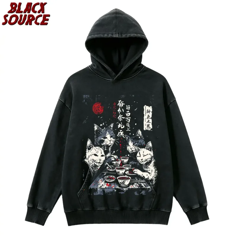 P0822 Cat Cartoon Graphic Men's Hoodie, Japanese Style Oversized Pullover Sweatshirt, Casual Baggy Fit Streetwear — image 1