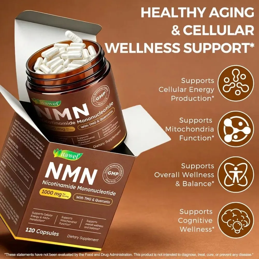 NMN Capsules 1000mg Nicotinamide Mononucleotide NAD+ Cellular Energy TMG Quercetin Resveratrol 120 Vegan Capsules Non-GMO