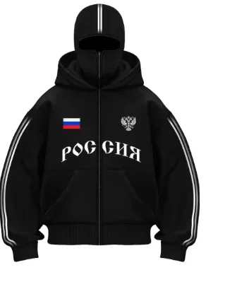 Hip Hop Face Cover Moletom Unissex Solto Preto Zip Up Moletom Design Impresso com Bandeira da Águia