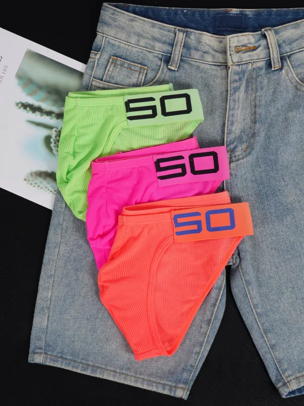 Men's Nylon Blend Mesh Breathable Briefs Horn Splice Letter Embossed Wide Elastic Waistband Fluorescent Color Sexy Underwear — image 5