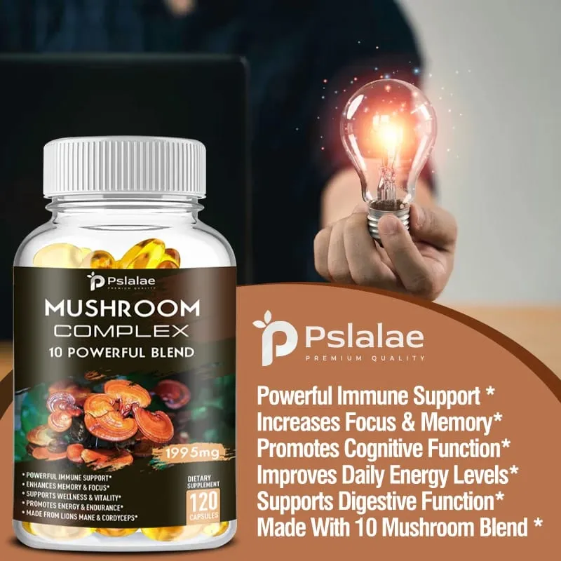 Κάψουλες με σύμπλεγμα μανιταριών - με Lions Mane Chaga Reishi Cordyceps - Υποστηρίζουν την εστίαση της μνήμης του ανοσοποιητικού συστήματος και ανακουφίζουν από το στρες