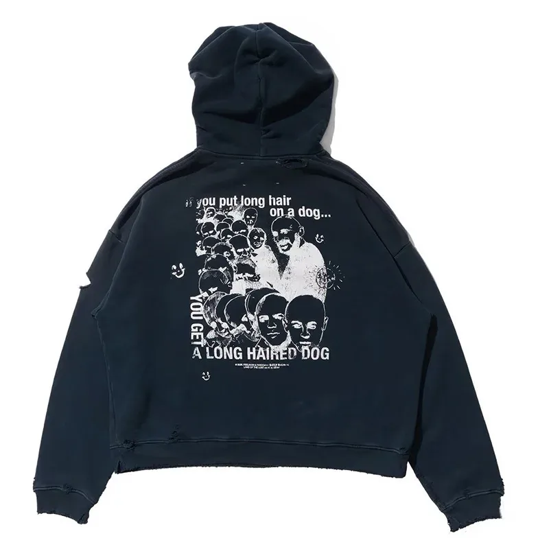Hoodies PALY Bersaiz Besar Baru Lelaki Wanita Dicuci Hitam Rosak Kualiti Terbaik Kasual Vintage Cardigan Zip Sweatshirt