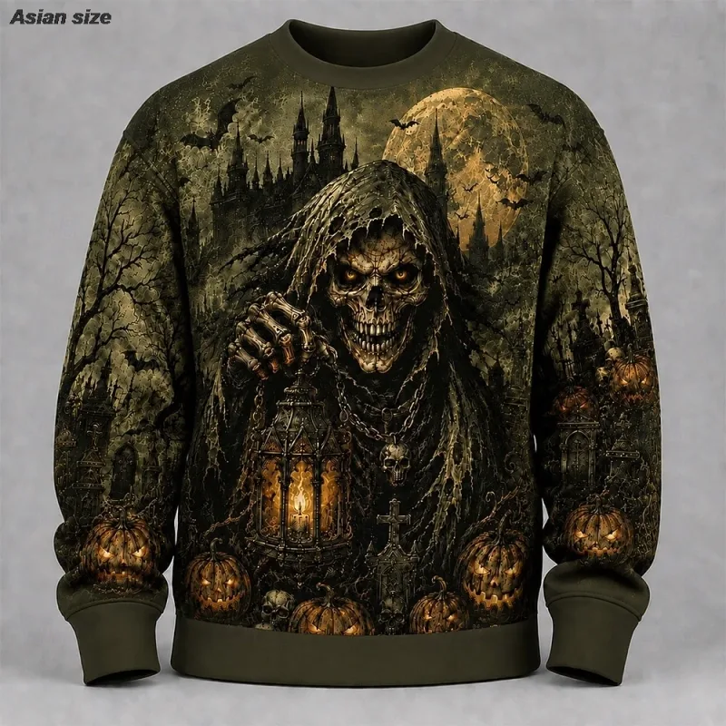 Fleece Sweatshirts Halloween Men's Skulls Sweatshirt Punk Party Gothic Crew Neck Vacation Blue Dark orange Brown Green — image 11