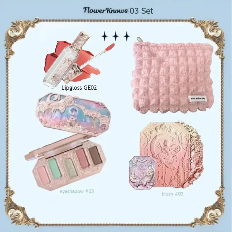 Flower Knows Makeup סט מלא צלליות בתולת ים מוארת ירח סומק מט וליפגלוס Flowerknows Kit תיק איפור לנשים
