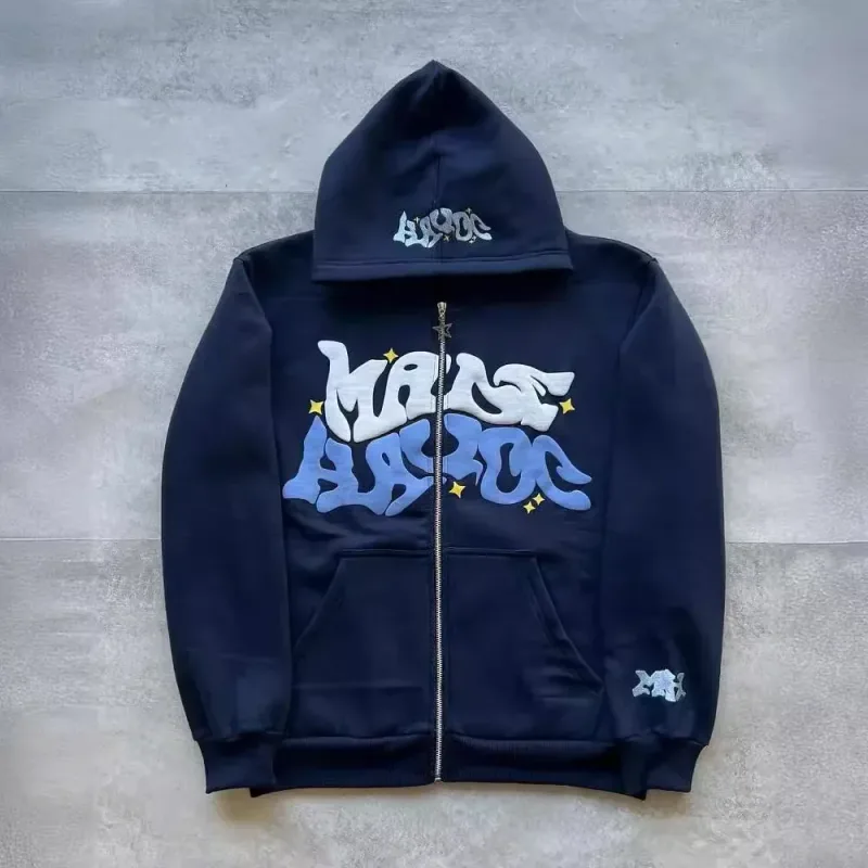 Moletom masculino retrô americano com zíper estampado com capuz unissex outono e inverno cardigan aberto — image 4