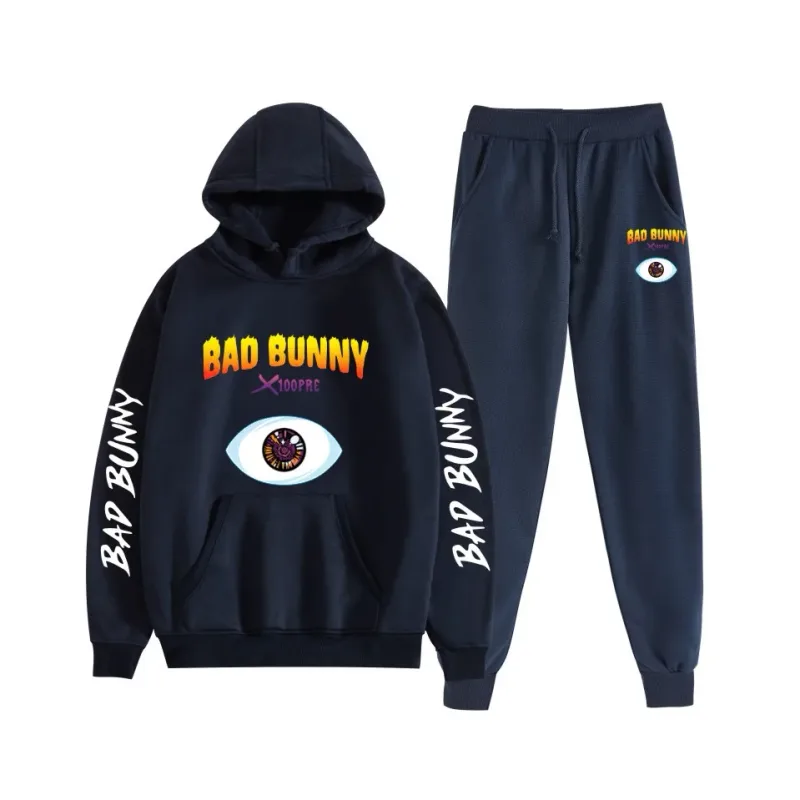 Harajuku confortável bad bunny impressão moletom moletom terno feminino hoodies + calças terno meninos/meninas 2 peça conjunto roupas — image 17