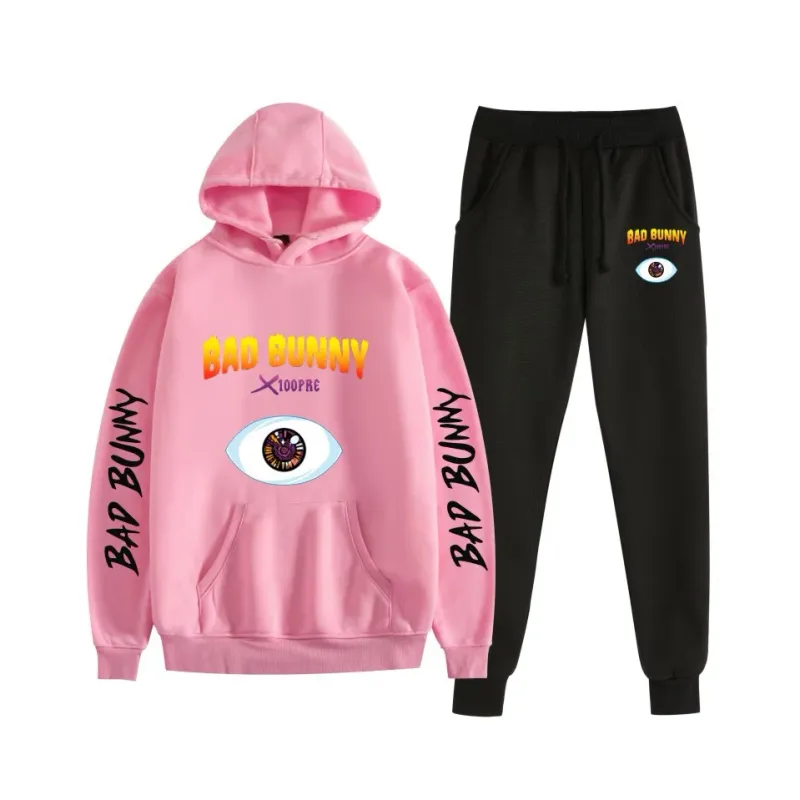 Harajuku confortável bad bunny impressão moletom moletom terno feminino hoodies + calças terno meninos/meninas 2 peça conjunto roupas — image 18